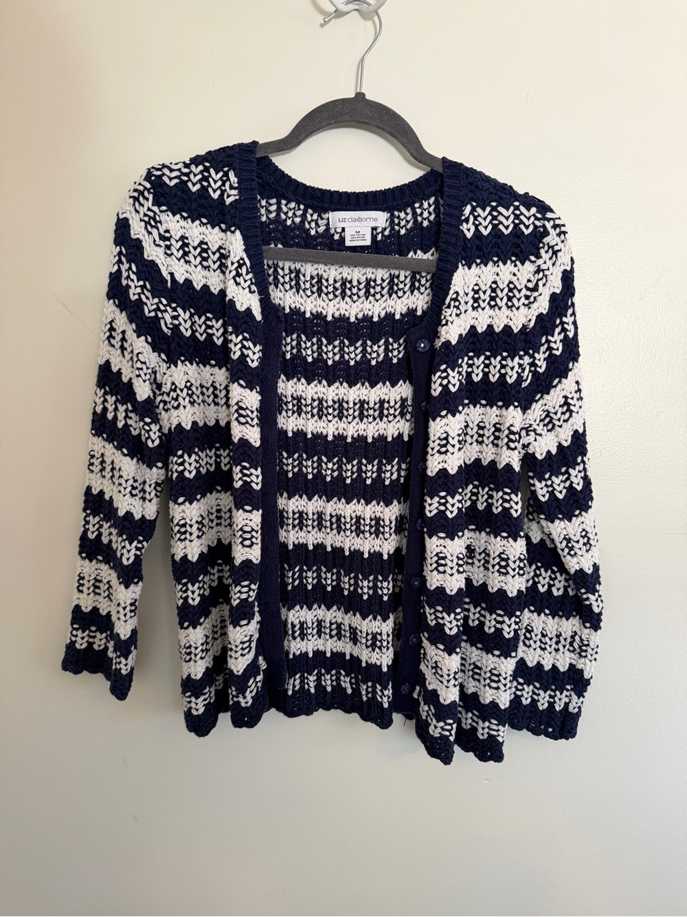 Liz Claiborne Navy & White Striped Open-Weave Cardigan